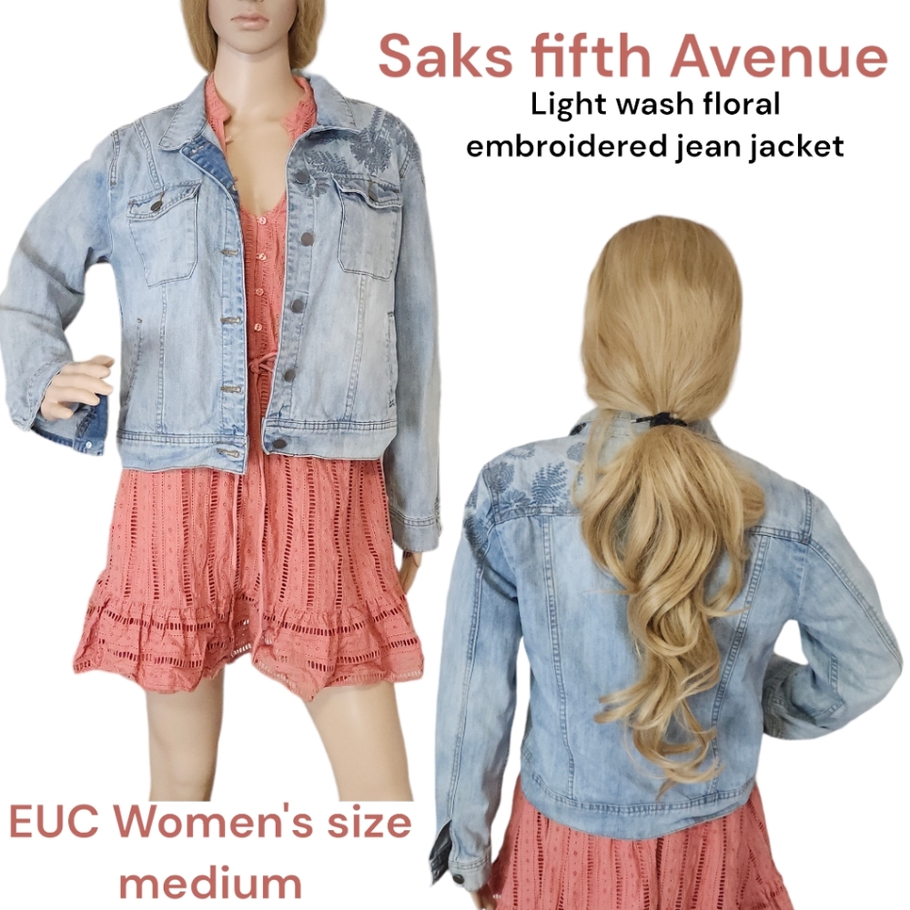 Saks fifth avenue Designer jean jacket Floral embroidered women's M Faded Wash